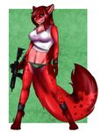  clothed clothing female fur gun looking_at_viewer malware ranged_weapon red_fur skimpy solo standing unknown_species weapon 