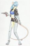  2014 anthro blue_hair claws clothed clothing female gun hair jacket jewelry leather looking_away mammal mixed_media pen_(artwork) pistol ranged_weapon rat ratofblades ring rodent skirt traditional_media_(artwork) watercolor_(artwork) weapon 