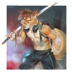  2014 backpack brown_hair canine clothed clothing dog eyewear glasses hair half-dressed headphones katana male mammal miles_df necklace nipples shiba_inu shiranai solo sword topless weapon 