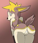  2014 anthro anthrofied back black_nose blush bow breasts brown_background brown_eyes butt cervine deer deerling female looking_at_viewer looking_back mammal nintendo nude open_mouth plain_background pok&eacute;mon pok&eacute;morph presenting pussy raised_tail rear_view shadow smile solo standing video_games xredblazex 