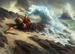  adam_paquette anthro disembodied_hand dutch_angle feline holding_weapon leonin lion lying magic_the_gathering male mammal official_art on_side outside rock sea seaside solo water wave weapon 
