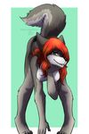  anthro ass_up bent_over breasts canine female hair hair_over_eye hanging_breasts leatherlick looking_at_viewer mammal nude raised_tail red_hair solo wolf 