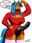  big_lips blue_hair breasts dickgirl equine green_eyes hair holly_(plant) horse intersex mammal penis plant sleuth solo sweater 