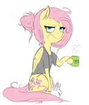  2014 blue_eyes bottomless clothed clothing cup cutie_mark digital_media_(artwork) equine evehly female fluttershy_(mlp) friendship_is_magic grey_topwear hair hair_bun half-dressed hot_drink mammal messy_hair my_little_pony pegasus pink_hair plain_background shirt sitting slippers solo steam tired white_background wings yay 