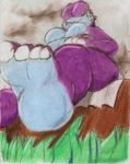  4_toes boca cloud crayon_(artwork) female foot_focus grass hippopotamus log low-angle_shot mammal mixed_media pencil_(artwork) solo toes traditional_media_(artwork) wood worm&#039;s-eye_view 