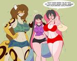  anthro big_breasts black_hair blush breasts brown_hair feline female floppy_ears fur green_eyes group hair jazmin_usagi lagomorph liona_mcgraw long_hair mammal markings mastergodai multicolored_hair ocelot pink_fur pink_hair rabbit rascals reiko_usagi smile spots text thick_thighs wet_shirt wide_hips yellow_fur 