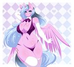  &lt;3 2014 abstract_background anthro big_breasts blue_eyes blue_hair blush breasts cleavage clothed clothing cutie_mark equine fan_character feathers female fur hair horn legwear long_hair looking_at_viewer mammal my_little_pony navel pink_fur raised_arm re-sublimity-kun smile solo standing stockings winged_unicorn wings 