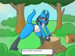  2014 ambiguous_gender anthro arm_support bent_over butt digitigrade english_text forest leaning looking_at_viewer lucario nintendo outside paoguu pok&eacute;mon raised_tail red_eyes side_view smile solo spikes spread_legs spreading suggestive text tree tree_stump video_games wide_hips 