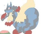  bent_over big_breasts big_butt breasts butt crumbs eating female food huge_butt looking_away lucario mega_evolution mega_lucario nintendo pink_eyes pok&eacute;mon signirsol solo spikes thick_thighs video_games 