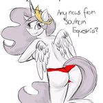  anthro anthrofied breasts clothed clothing digital_media_(artwork) english_text equine female friendship_is_magic half-dressed horn lisa400 looking_back mammal my_little_pony panties plain_background princess_celestia_(mlp) side_boob solo text topless underwear winged_unicorn wings 