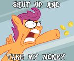  arm_out coin coins cub digital_media_(artwork) english_text equine eyelashes female feral friendship_is_magic fur gold grey_background hair hooves humor intense mammal meme my_little_pony open_mouth orange_fur pegasus plain_background purple_eyes purple_hair rage rage_face reaction_image scootaloo_(mlp) short_hair solo teeth text throwing unknown_artist wings young 