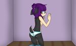  anthro black_fur blue_nipples blush breasts clothing female floor fur grey_eyes hair hands_on_wall looking_at_viewer looking_back nipples nude purple_hair red18fire sega short_tail solo sonic_style surprise underwear unknown_species wall 