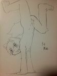  anthro balls eyebrows grin hair handstand kemono male monochrome penis sirotae_konnta sketch solo teeth 