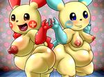  big_breasts big_thighs blush breasts duo female gotobeido hand_holding looking_at_viewer minun nintendo nude obese overweight plusle pok&eacute;mon standing video_games 