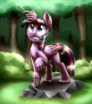  2014 bush cutie_mark equine female feral forest friendship_is_magic grass hair hindpaw horn horse mammal multicolored_hair my_little_pony otakuap outside paws purple_eyes rock scared solo tree twilight_sparkle_(mlp) wand what what_has_science_done where_is_your_god_now winged_unicorn wings 
