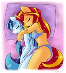  2014 ambris anthro anthrofied blue_fur blush bra clothing cuddling cute duo equestria_girls equine eyes_closed female fur hair horn mammal my_little_pony panties pillow smile sonata_dusk_(eg) spooning sunset_shimmer_(eg) two_tone_hair underwear unicorn yellow_fur 