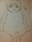  anthro balls big_eyes chest_tuft chubby erection eyebrows fur hair humanoid_penis kemono male monochrome moobs navel nude open_mouth penis plain_background precum sirotae_konnta sketch solo teeth tuft 