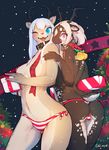  2014 anthro antlers back bell blue_eyes blush breasts brown_fur butt cervine christmas christmas_tree clothed clothing collar duo female fur gift hair half-dressed holidays horn liki long_hair looking_at_viewer mammal markings multicolored_fur navel one_eye_closed open_mouth panties pink_eyes rear_view red_nose ribbons short_hair smile snow spots standing star stripes tan_fur teeth tongue topless tree underwear white_hair wink 
