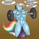  2014 anthro anthrofied big_breasts blush breasts cutie_mark digital_media_(artwork) embarrassed english_text equine female fingerless_gloves friendship_is_magic gloves gym hyperstorm_h jrvanesbroek lying mammal my_little_pony navel nipples nude on_back pegasus pussy rainbow_dash_(mlp) sketch solo sweat text thought_bubble weight weightlifting wings 