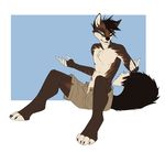  abstract_background anthro canine clothed clothing demicoeur digital_media_(artwork) green_eyes hair half-dressed male mammal short_hair shorts shrug sitting solo topless wolf 