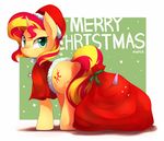  2014 bag blonde_hair blue_eyes christmas clothing cutie_mark english_text equestria_girls equine female feral hair hat holidays horn mammal marenlicious my_little_pony red_hair sack santa_hat solo sunset_shimmer_(eg) sweat text two_tone_hair unicorn 