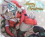  anthro blue_hair buried_frog canine christmas clothed clothing duo female fur grey_fur hair holidays kemono lagomorph legwear lesbian mammal rabbit skimpy stockings white_hair wolf 