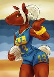  blonde_tail brown_body brown_eyes clothing equine female horse jersey mammal ponytail shorts solo sports thedrainpipe volleyball 