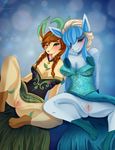 2014 anthro blue_background blue_eyes blush breasts butt canine christmas clothed clothing duo eeveelution female frozen frozen_(movie) fur glaceon green_eyes guinefurrie hair holidays leafeon looking_at_viewer lying mammal nintendo nude one_eye_closed open_mouth plain_background pok&eacute;mon presenting princess_anna_(frozen) pussy pussy_juice queen_elsa_(frozen) shadow smile spread_legs spreading teeth tongue tongue_out video_games 