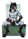  2014 abs animal_genitalia anthro balls equine fur grin half-erect holding hooves horse horsecock looking_at_viewer male mammal muscles nude penis pinup pose sitting smile solo tazara 