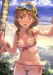  arm_grab bangs bikini blue_sky blush breasts brown_hair cloud commentary_request cowboy_shot day dripping eyebrows_visible_through_hair front-tie_bikini front-tie_top goggles goggles_on_head hair_tie hammock highres looking_at_viewer low_twintails medium_breasts medium_hair ocean one_eye_closed open_mouth original out_of_frame outdoors palm_tree short_twintails side-tie_bikini side-tie_bottom sky solo_focus standing striped striped_bikini swimsuit tree twintails water wet yellow_eyes yoropa 