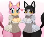  2014 anthro big_breasts blush bottomless breasts cat cleavage clothed clothing digital_media_(artwork) duo feline female half-dressed hi_res keyhole_turtleneck looking_at_viewer mammal noodle_(character) pici_(character) sssonic2 standing sweater thick_thighs voluptuous wide_hips 