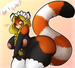  &lt;3 2014 anthro areola big_breasts big_butt blonde_hair blush breasts butt english_text female fluffy_tail hair long_hair maid maid_uniform mammal nipples overweight pink_nipples red_panda smile solo tehbuttercookie text wide_hips yellow_eyes 