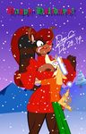  2014 anthro big_breasts blu3danny breasts canine christmas dark_nipples dog duo female green_eyes hat holidays jackson_hazard joannie_powers keyhole_turtleneck lipstick male mammal muscles muscular_female nipple_slip nipples raccoon santa_hat snow snowing sweater timeless toony wide_hips 