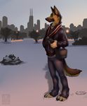  2014 anthro camera canine claws clothed clothing dog fur german_shepherd male mammal outside smile snow solo standing tree vallhund winter 