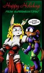  anthro big_breasts blonde_hair breasts candy_cane christmas cleavage clothed clothing delilah dialogue drake_fenwick duo english_text female gloves hair headband holidays holly_(plant) lagomorph legwear loincloth mammal mask muscles muscular_female mustelid plant rabbit superhero supermegatopia text thigh_highs weasel weasel_boy 