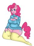  anthro big_breasts blue_eyes breasts cleavage clothed clothing cutie_mark equine female friendship_is_magic fur hair horse keyhole_turtleneck legwear long_hair looking_at_viewer mammal my_little_pony pink_fur pink_hair pinkie_pie_(mlp) plain_background pony pussy smile solo stockings stubbornstallion sweater 