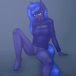  2014 anthro anthrofied blue_eyes blue_hair bottomless cleavage clothed clothing equine female friendship_is_magic hair half-dressed horn keyhole_turtleneck long_hair mammal my_little_pony princess_luna_(mlp) pussy solo spread_legs spreading staggeredline sweater unicorn 