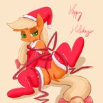  &lt;3 &lt;3_eyes applejack_(mlp) blonde_hair christmas clitoris english_text equine female freckles friendship_is_magic green_eyes hair half-closed_eyes hat holidays horse mammal my_little_pony orange_skin pom_hat pony presenting presenting_pussy pussy santa_hat saurian_(artist) solo spread_legs spreading text 