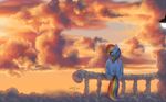  blue_fur cloud digital_media_(artwork) equine female feral friendship_is_magic fur hair horse light mammal multicolored_hair my_little_pony on_cloud pegasus pony purple_eyes railing rainbow_dash_(mlp) rainbow_hair sky solo sunset ukulilia wings 