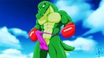  2012 abs alligator anthro balls biceps big_muscles boxing boxing_gloves bulge clothed clothing erection fabfelipe fangs gloves green_skin grey_eyes half-dressed looking_at_viewer male muscles outside pecs penis pose raised_tail reptile scales scalie solo spines standing teeth thong toned topless underwear 