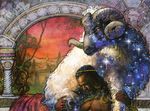  ambiguous_gender art_nouveau caprine duo feral horn human lying magic_the_gathering male mammal official_art ram sheep signature star terese_nielsen traditional_media_(artwork) 