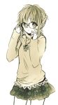  1girl adjusting_eyewear alternate_hairstyle anzu_(o6v6o) bangs braid casual cowboy_shot glasses gumi hair_up jewelry lace lace-trimmed_shirt long_sleeves looking_at_viewer miniskirt monochrome pendant sepia shirt short_hair_with_long_locks simple_background skirt solo vocaloid white_background 