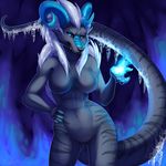 2014 abs anthro black_sclera blue_eyes breasts canine cave female fivel glowing hair horn hybrid ice inside long_tail magic mammal nude solo spell white_hair 