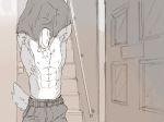  2018 abs anthro armpit_hair belt bikini_briefs black_underwear canine chest_tuft clothed clothing detailed_background dog dog_tags door erection erection_under_clothes husky jewelry kouya_(morenatsu) male mammal morenatsu muscular muscular_male necklace nipples pants partially_clothed pecs shirt solo stairs tank_top topless tuft underwear undressing yunu38 