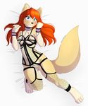  2014 4_toes anthro bdsm black_nose blue_eyes bondage bound breasts canine clothed clothing collar cuffs female fishnet fluffy_tail fox hair leather legwear looking_at_viewer mammal nipples orange_hair red_hair saetia skimpy smile solo stockings toes 