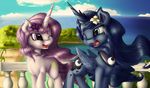  2014 absurd_res beach blue_eyes blue_fur blue_hair cutie_mark duo equine eye_contact female feral fleur_de_lis_(mlp) flower flower_in_hair friendship_is_magic fur hair hi_res horn mammal my_little_pony neko-me one_eye_closed open_mouth outside pink_eyes pink_hair plant princess_luna_(mlp) seaside unicorn white_fur winged_unicorn wings wink 