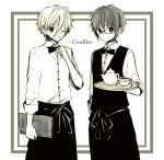  2boys ;d anzu_(o6v6o) apron arm_at_side bow bowtie collared_shirt cup genderswap genderswap_(ftm) glasses greyscale gumiya hair_between_eyes hand_on_own_chest holding holding_menu holding_tray lio_(vocaloid) looking_at_viewer male_focus monochrome multiple_boys one_eye_closed open_mouth outside_border saucer shirt sleeves_folded_up smile teacup teapot tray vest vocaloid waist_apron waiter 