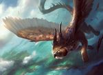  ambiguous_gender chimera claws cloud cloudscape daarken dutch_angle feathers feral flying high-angle_shot hybrid long_tail magic_the_gathering official_art quadruped scalie sky solo wings 