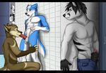 2012 abs anthro arctic_fox balls blush canine claws clothed clothing duo ear_piercing erection fellatio fox fur gay hair half-dressed hybrid jackaloo knot male mammal masturbation muscles nude open_mouth oral penis piercing recording sex smile tongue topless wolf 
