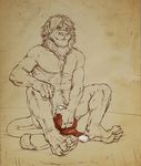  2014 anthro arcticlion body_hair claws convenient_censorship feline fur happy_trail lion male mammal mane nude paws sitting smile solo teeth 